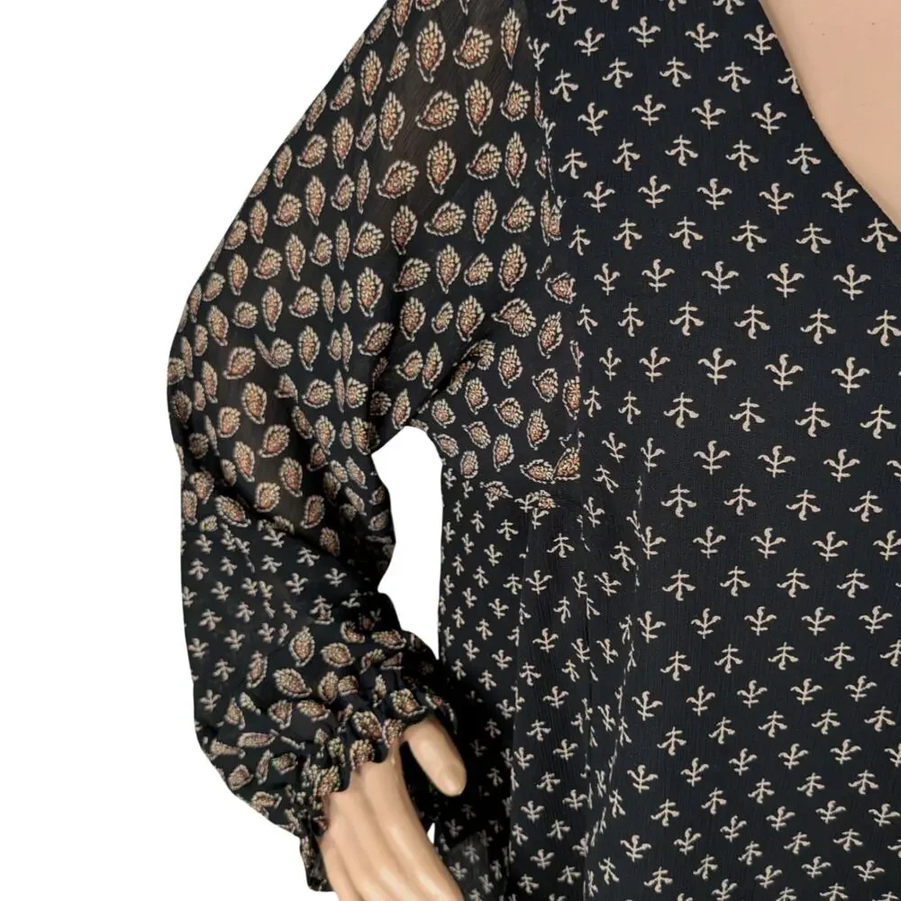 Madewell Sheer Sleeve Top Brushstroke Paisley V-Neck Puff Sleeve Black L